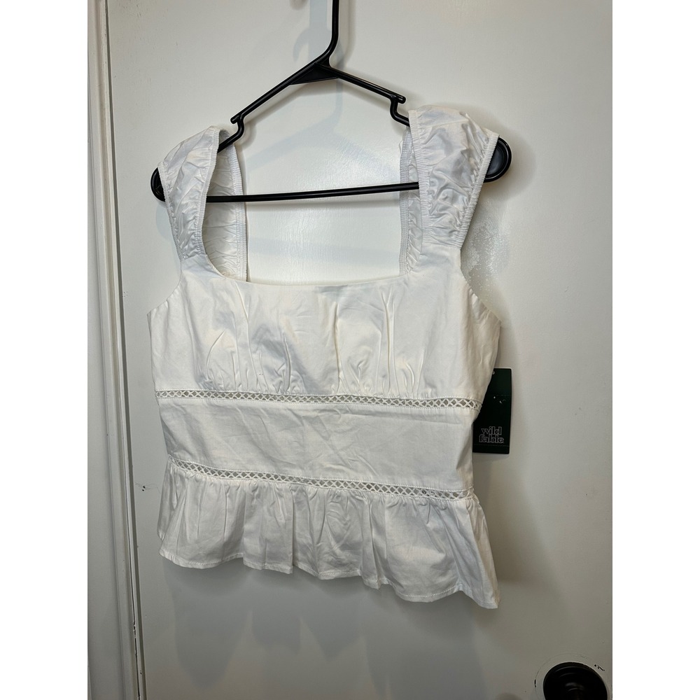 Wild Fable White Peplum Top Smocked Back Ruched Straps Crochet Trim Medium NWT